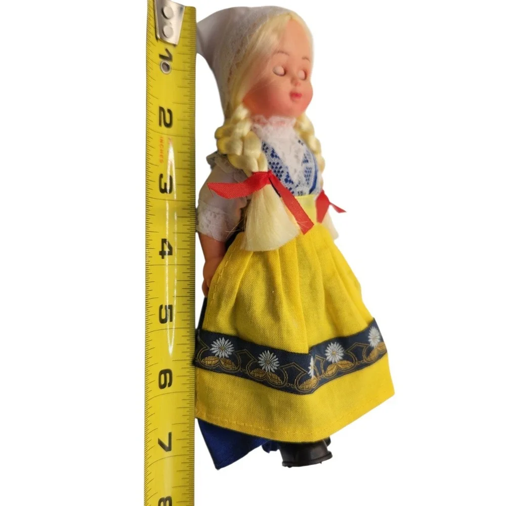 Vintage Girl Doll Braided Blonde Hair Folk Dress 7in Plastic Collectible